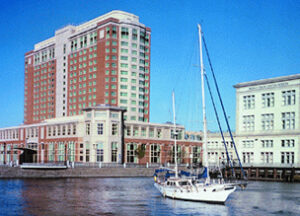 boat floating in the harbor of the Seaport area