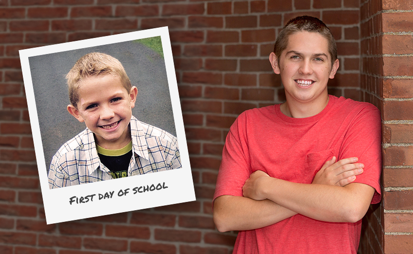 Photo of a student on first day of school next to a photo of same student in high school
